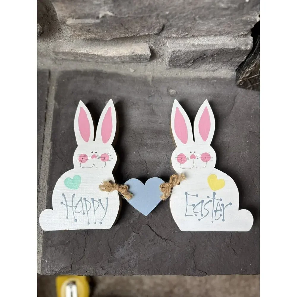“Happy Easter” Bunny Figures Hand Painted Wood Cottagecore Vintage Cute